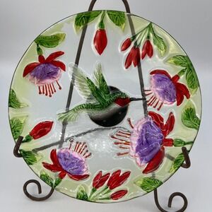 Decorative Glass Bowl Birdbath Feeder Hummingbird Flowers Hand Painted Art Decor